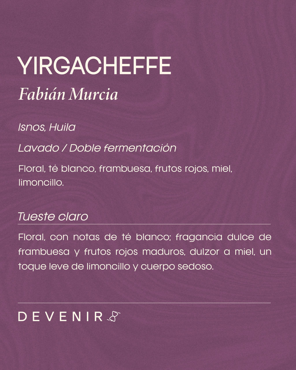 Etiqueta Yirgacheffe Lavado de Fabián Murcia, Isnos, Huila