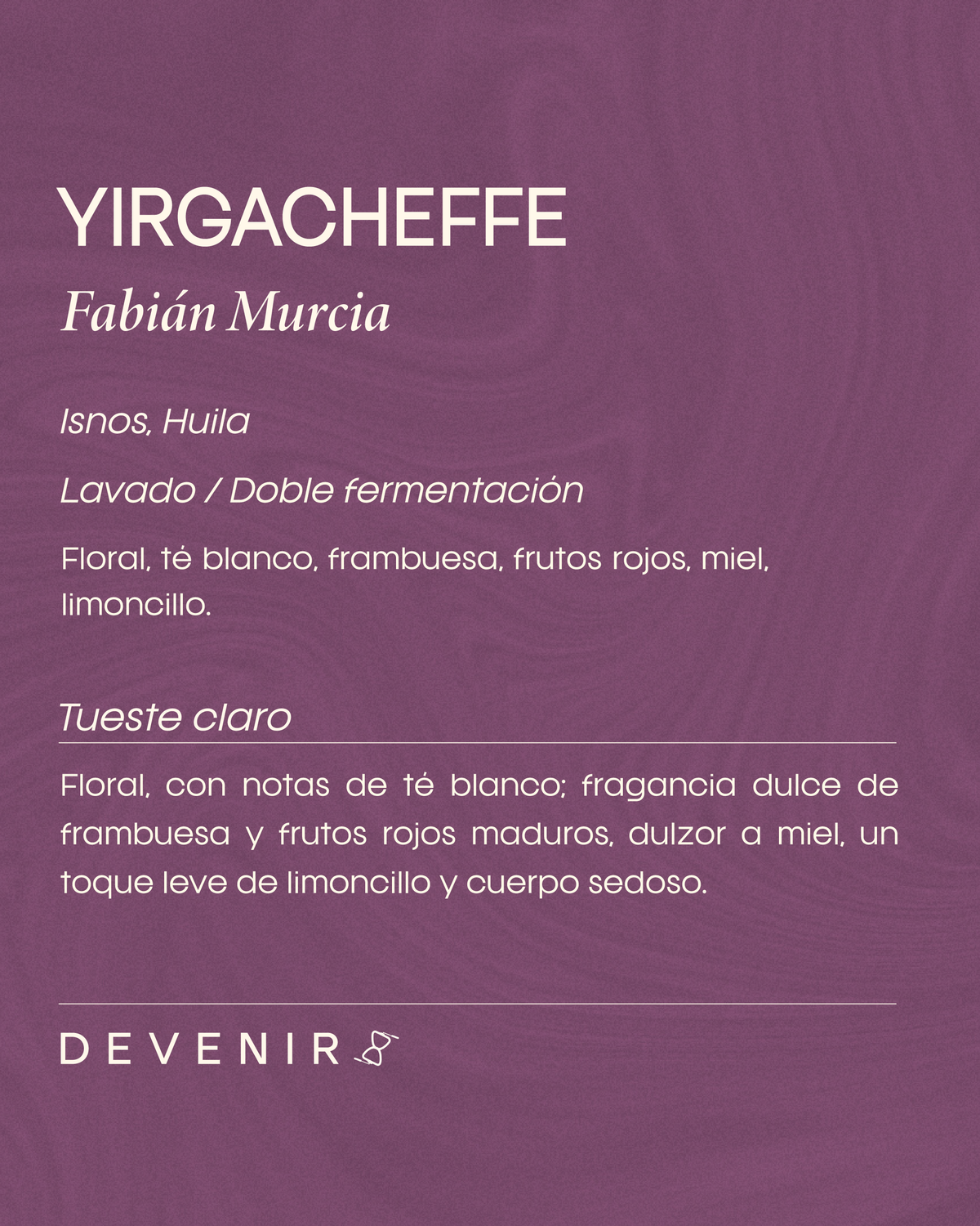 Etiqueta Yirgacheffe Lavado de Fabián Murcia, Isnos, Huila